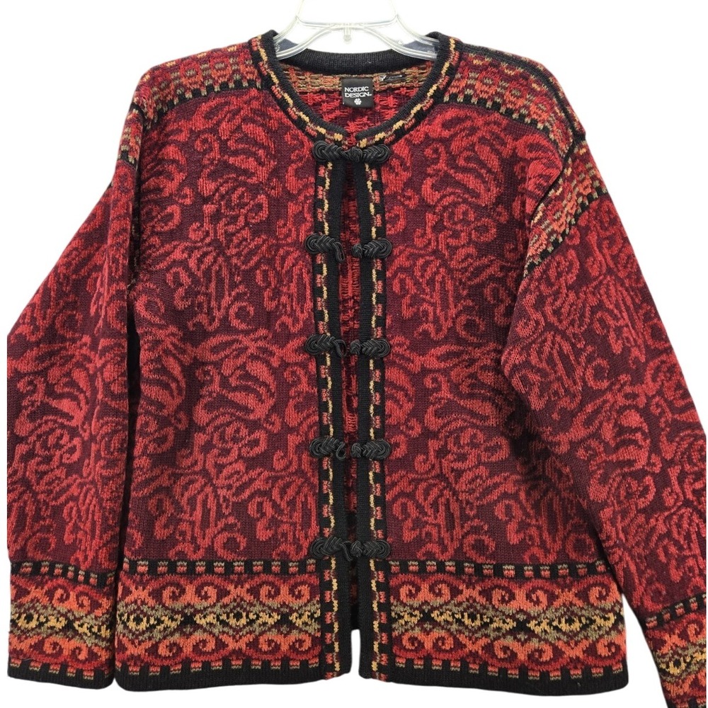 Nordic Design Red Cardigan Sweater Wool Blend Size Large Toggle Button